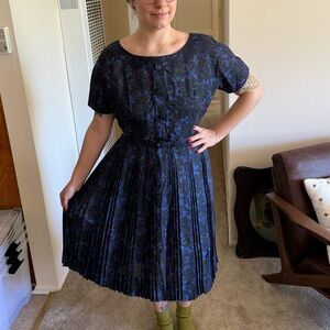 Vintage Blue Floral Dress with matching belt